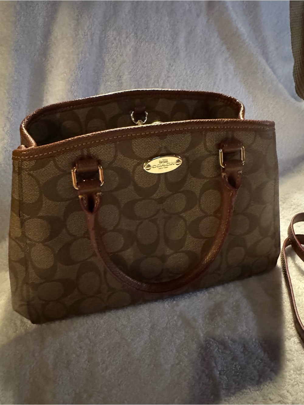 Coach Brown Signature Canvas Satchel with Leather Trim